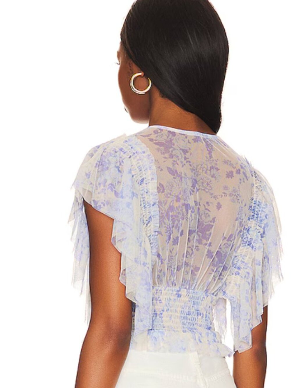 Free People Sugar Top Blue Floral Sheer Ruffle Crop Boho‎ Romantic Blouse M - Picture 7 of 9